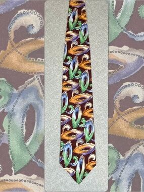 Vintage Silk Necktie Abstract Leaf Scroll XL 63”